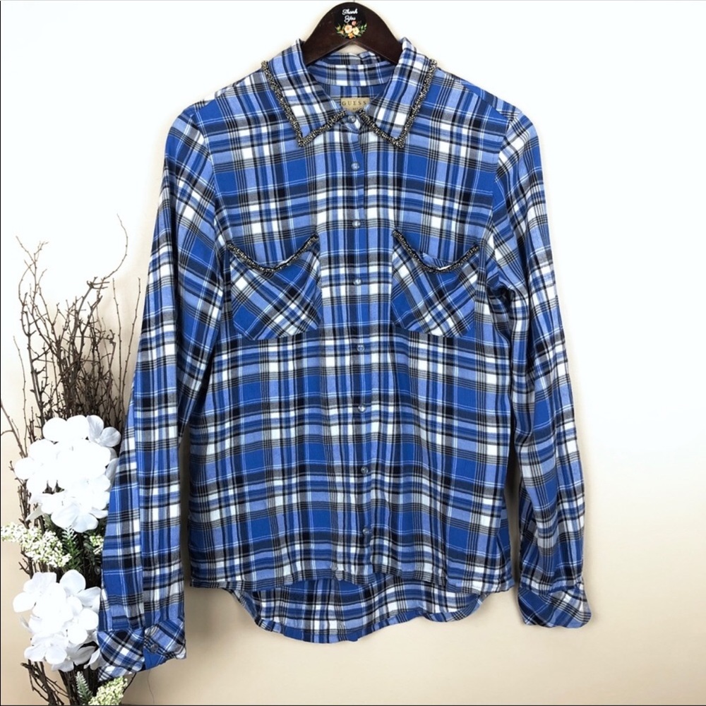 New Guess Long Sleeve Embellished Plaid Blue Button Shirt 0 XS